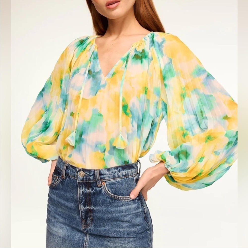 Misa Los Angeles Rina Citron WaterColor V-Neck Long Sleeve Tassel Pleated Top S